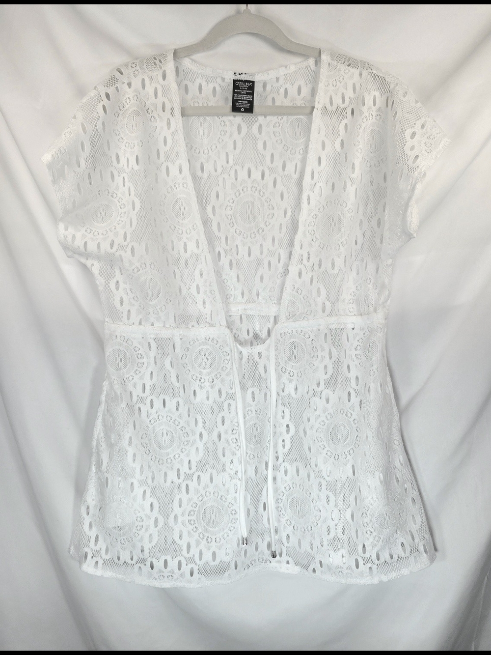 Catalina Women's White Floral Lace Sheer Beach Lake Swim Cover-Up Size L (12-14)
